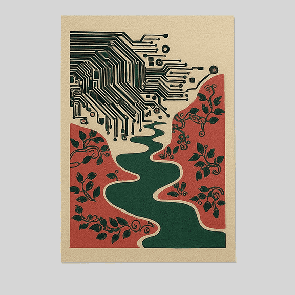 Circuit Board Landscape Print, Tech Nature Poster, Abstract River Art 8"x12" The Golden Shop