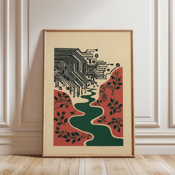 Circuit Board Landscape Print Tech Nature Poster Abstract River Art