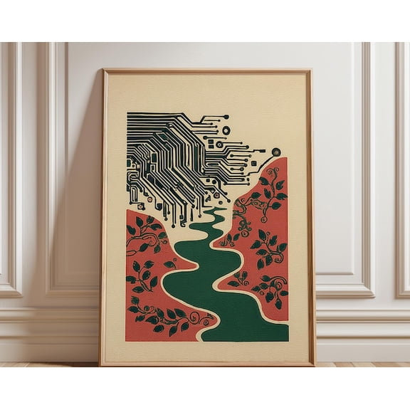 Circuit Board Landscape Tech Nature Abstract River Wall Art Print, Unframed Paper Poster 24x36in