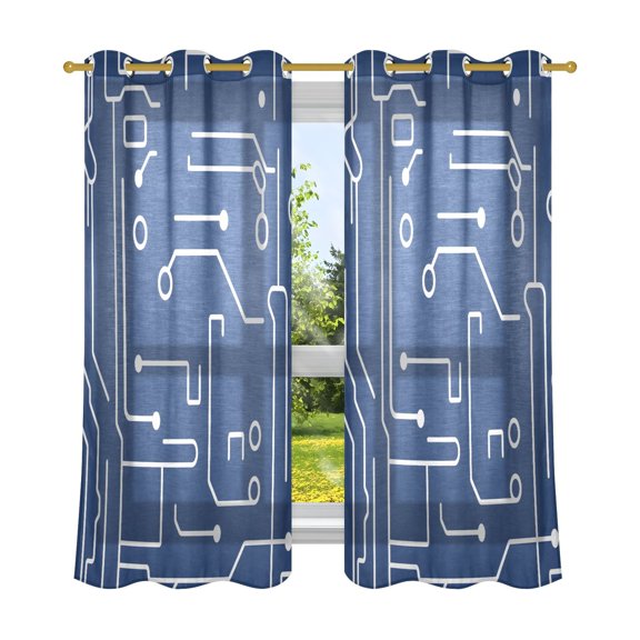 Circuit Board Pattern Breathable Sheer Curtains 63x52in Soft Light Filtering, UV Protection and Thermal Insulation
