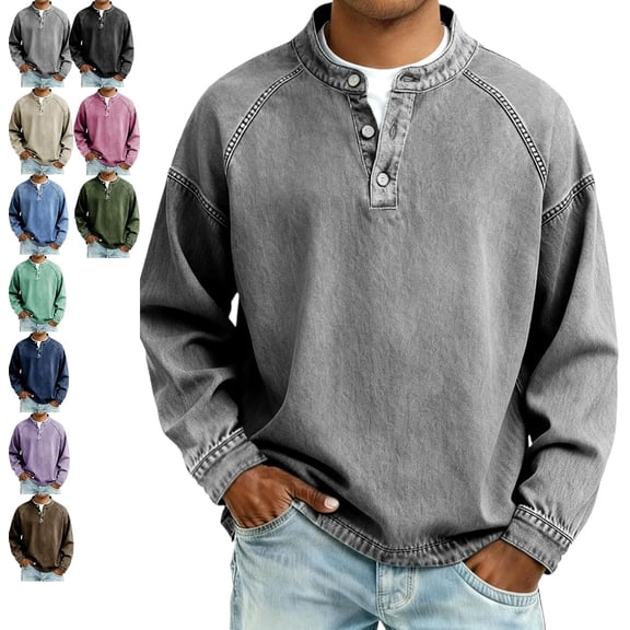 Mens Washed Color Shirt Button Down V Neck Sweatshirt,Men’s Vintage Henley Shirt Long Sleeve Washed Pullover