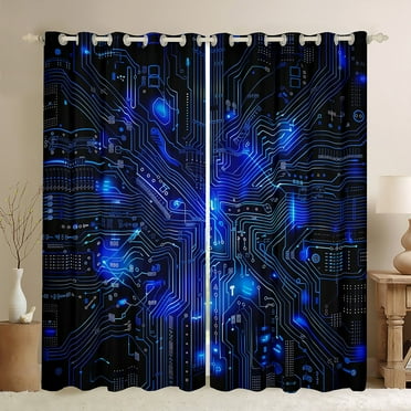 Circuit Board Window Curtains 2 Panels,38"x45",3D Print Chips 30%-50% Blackout Curtains,Abstract Art Design Curtains Blue Black Darkening Curtains Teens