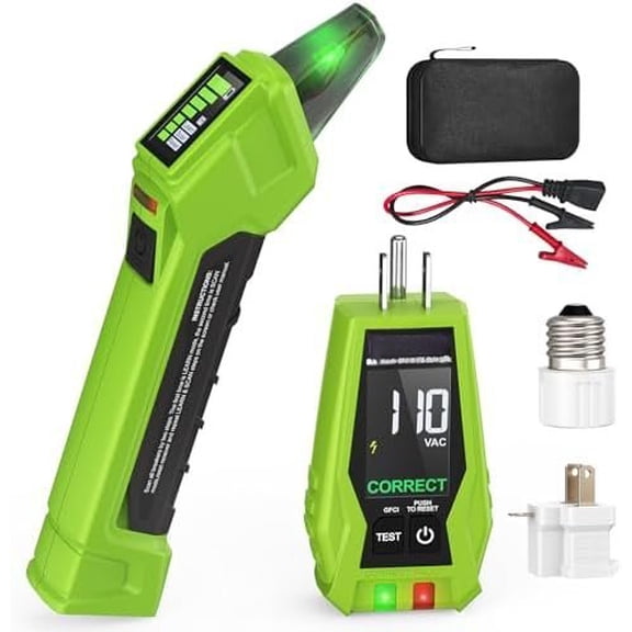 Circuit Breaker Finder Tool with Outlet Tester, GFCI, , Electric Tester with Dual LCD Display, Light Socket and 3-2 Prong Grounding Adapter, Clip Adapter (Green)