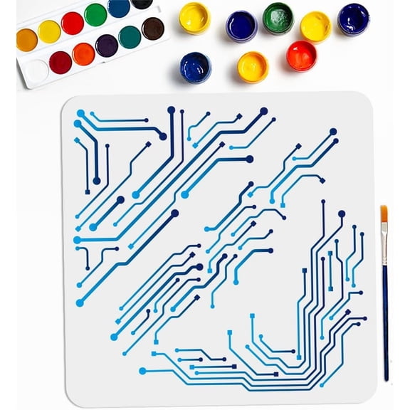 Circuit Lines Stencil 11.811.8inch Circuit Corners Technology Painting Stencils 3 Patterns with Paint Brush Electricity Line Trend Templates for Wood Wall Furniture Canvas Decor