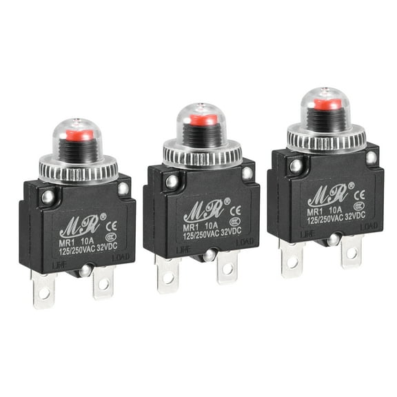 Circuit Overload Protector 10A AC125/250V DC32V Push Button Thermal Circuit Breaker with Waterproof Caps 3pcs