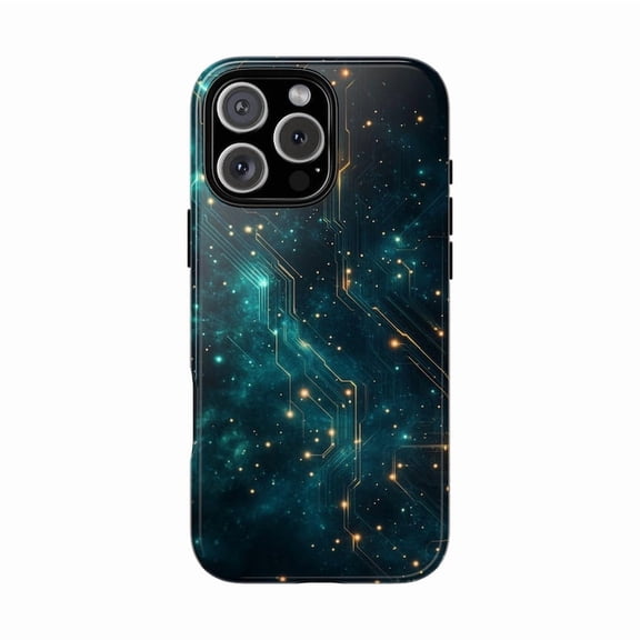 Circuitry Geometric Teal Space Nebula Abstract Pattern Protective Phone Case for iPhone 11 12 13 14 15 16 17 Pro Max