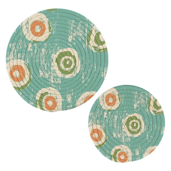 Circular Abstract Pattern Cotton Braided Potholders, 2 Pack Heat-Resistant Pads 7.09'' and 9.45''