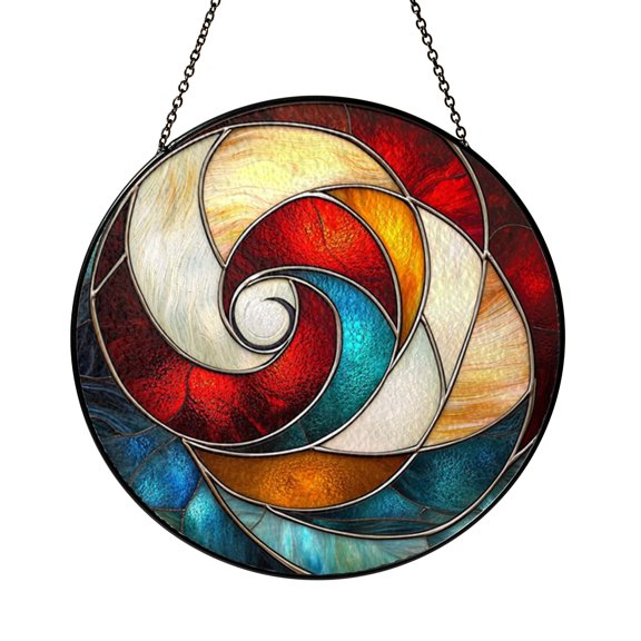 Circular Abstract Swirling Stained Glass Suncatcher, Bold Color Flow Window Hanging for Unique Modern Interior Decoration