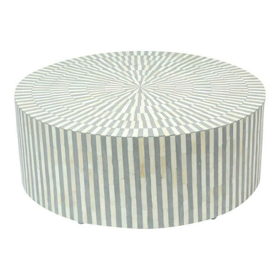 Circular Bone Inlay Coffee Table – Radiating Black and Grey Pattern, Optical Illusion Op Art Style