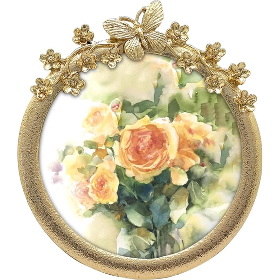 Circular Butterfly & Floral Photo Frame / 4x4 In | For Tabletop Display | Perfect for Home Decor, Wedding, Graduation, Or Milestone Photos (Gold)