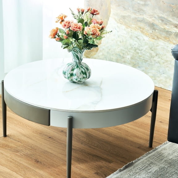 Circular Center Table | Used as Cocktail or Tea Table | Ceramic Pattern Top & Metal Legs | Simple Assembly with Storage