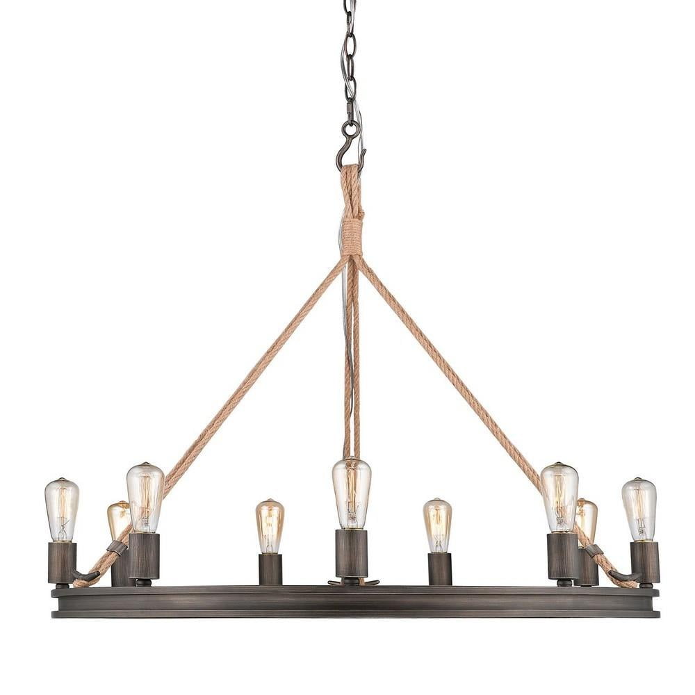 Rustic Gunmetal Bronze 9-Light Chandelier with Nautical Rope