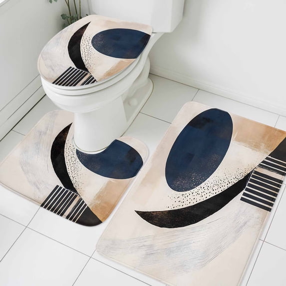 Circular Color Block Bathroom Rugs Set Blue Beige Geometric Non Slip Absorbent Soft Bath Mats 3 Piece Set with Bathroom Rug, U-Shaped Floor Mat, Toilet Seat Cover Small Size