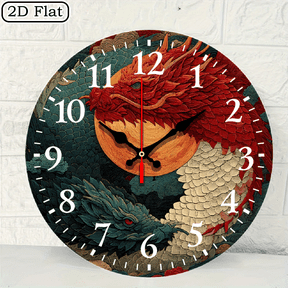 Circular Digital Wall Clock 10x10 Inch Featuring Intertwined Yin Yang Dragons Illustration Harmony Duality Art Battery Not Included