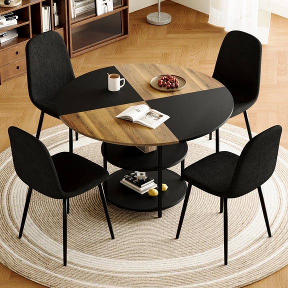 Circular Dining Table Set with 4 Seats | Unique Appearance for Home Decor, Double-Layer Storage | MDF and Metal, Linen-Cotton Fabric | Keeps Dining Area Neat