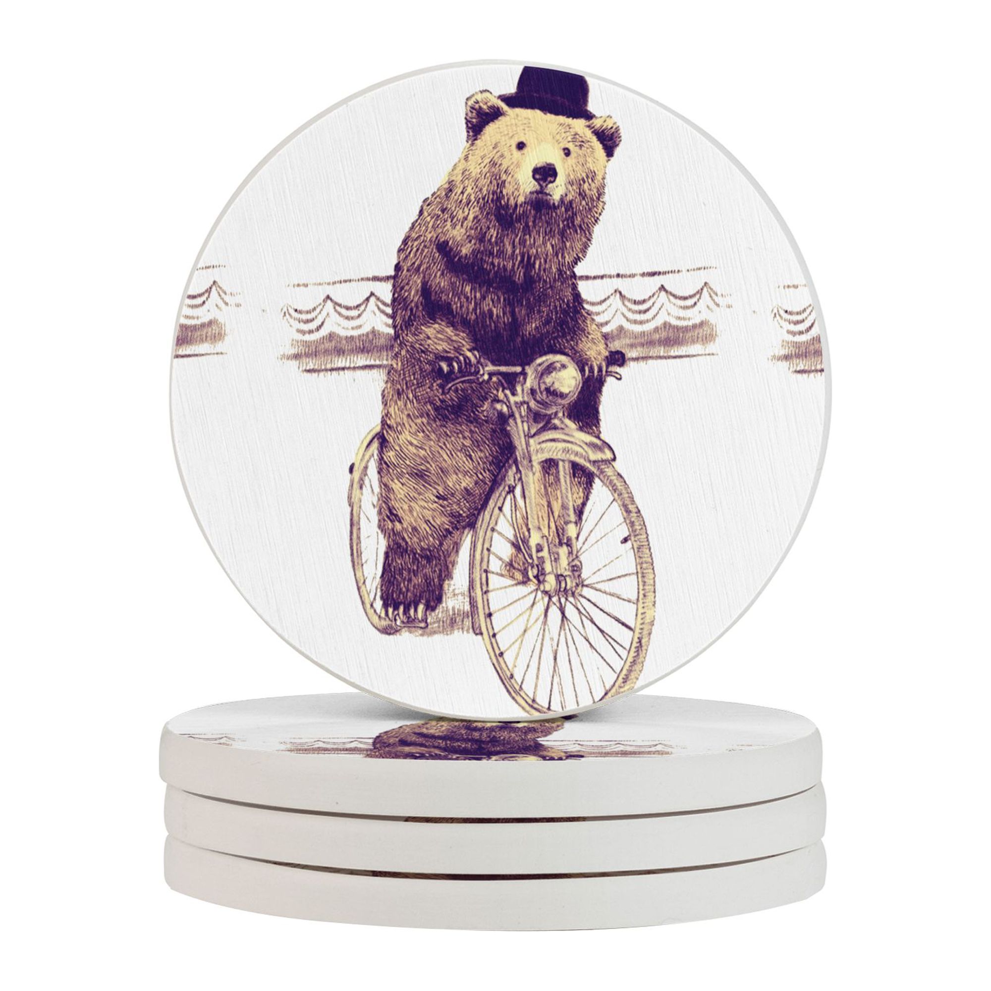 Circular Drink Coasters Set Bear Riding Bicycle Beautiful Home Decor ...