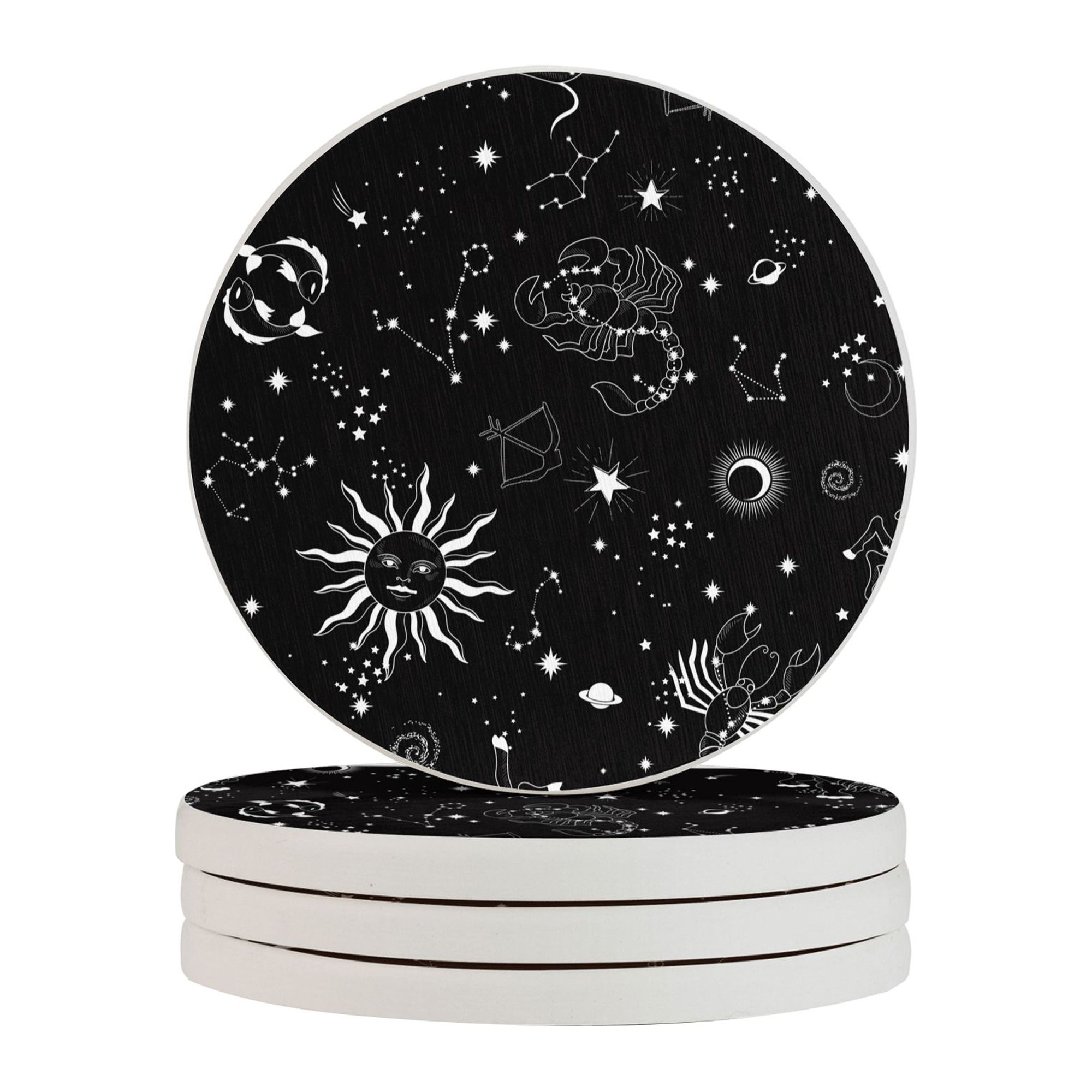 Constellations Coasters Circular Drink Coasters Set Constellation Sun Moon Star On Black ...