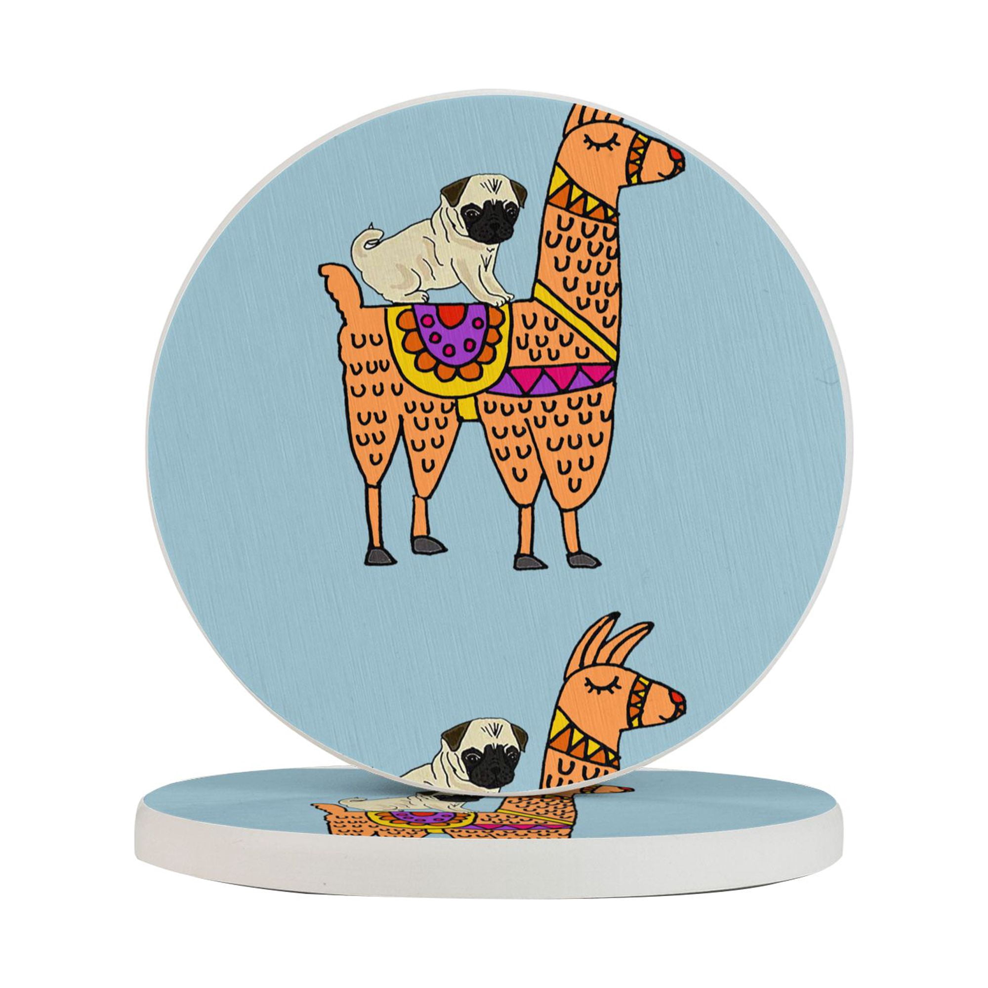 Circular Drink Coasters Set Cute Pug Dog Riding On Llama Beautiful Home ...