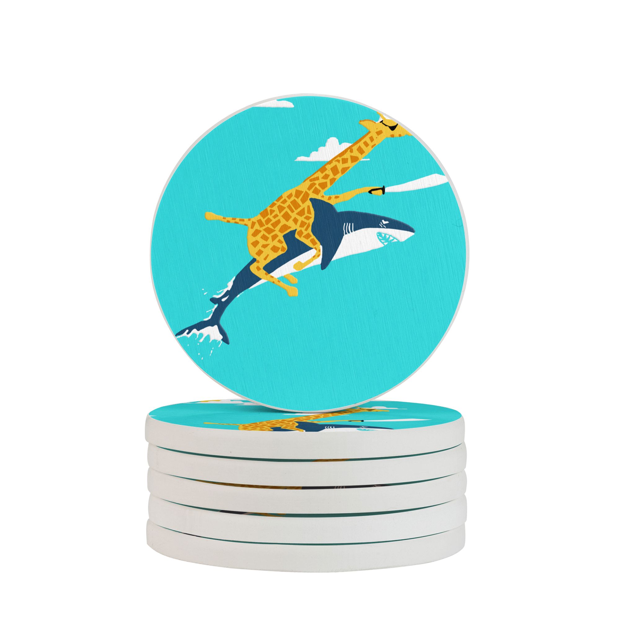 Circular Drink Coasters Set Giraffe Riding On A Shark Beautiful Home ...