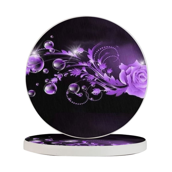 Circular Drink Coasters Set Purple Rose Pattern Beautiful Home Decor Diatomite Heat-Resistant Diatomite Protect Table Countertop
