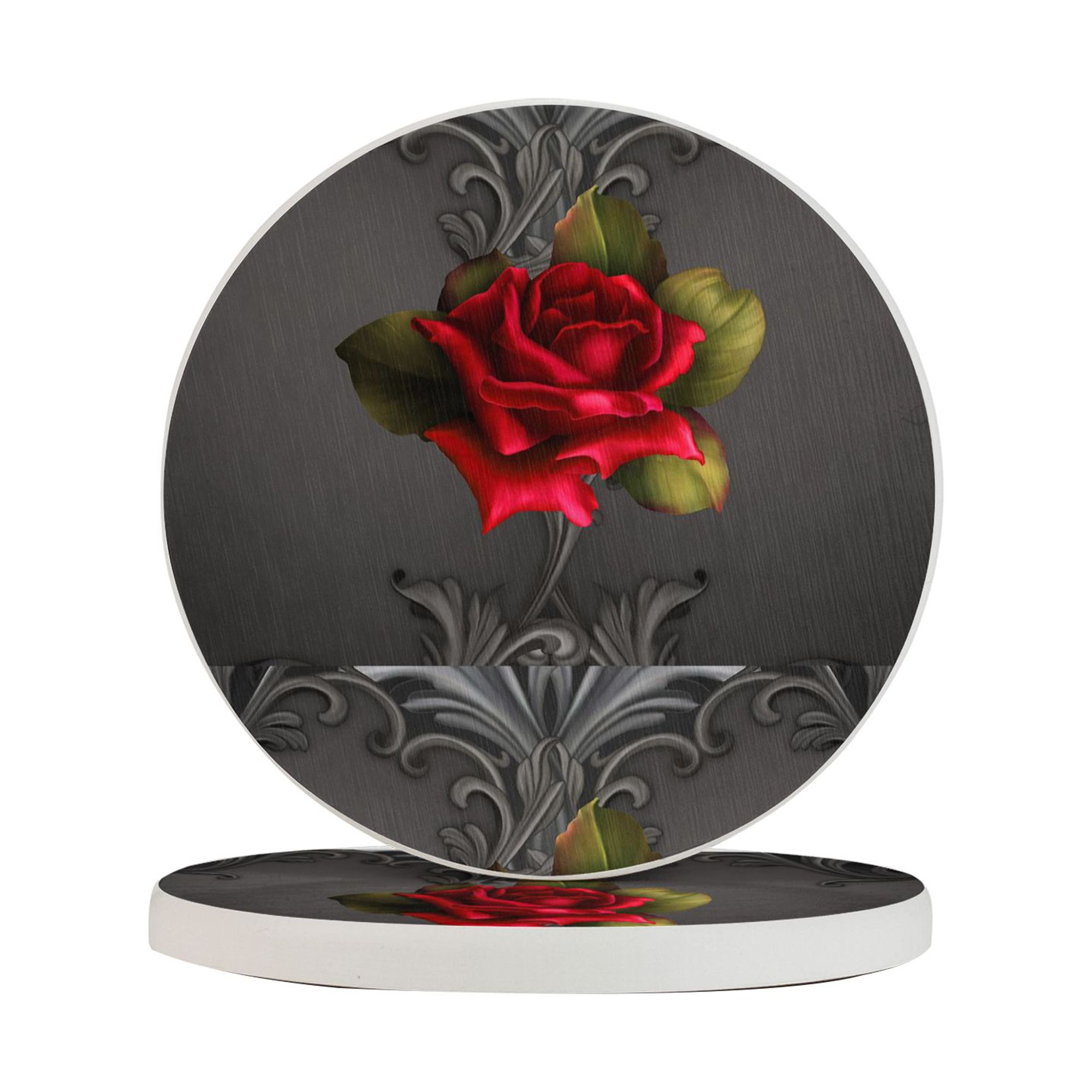 Circular Drink Coasters Set Red Rose Black Ornamental Glam Beautiful