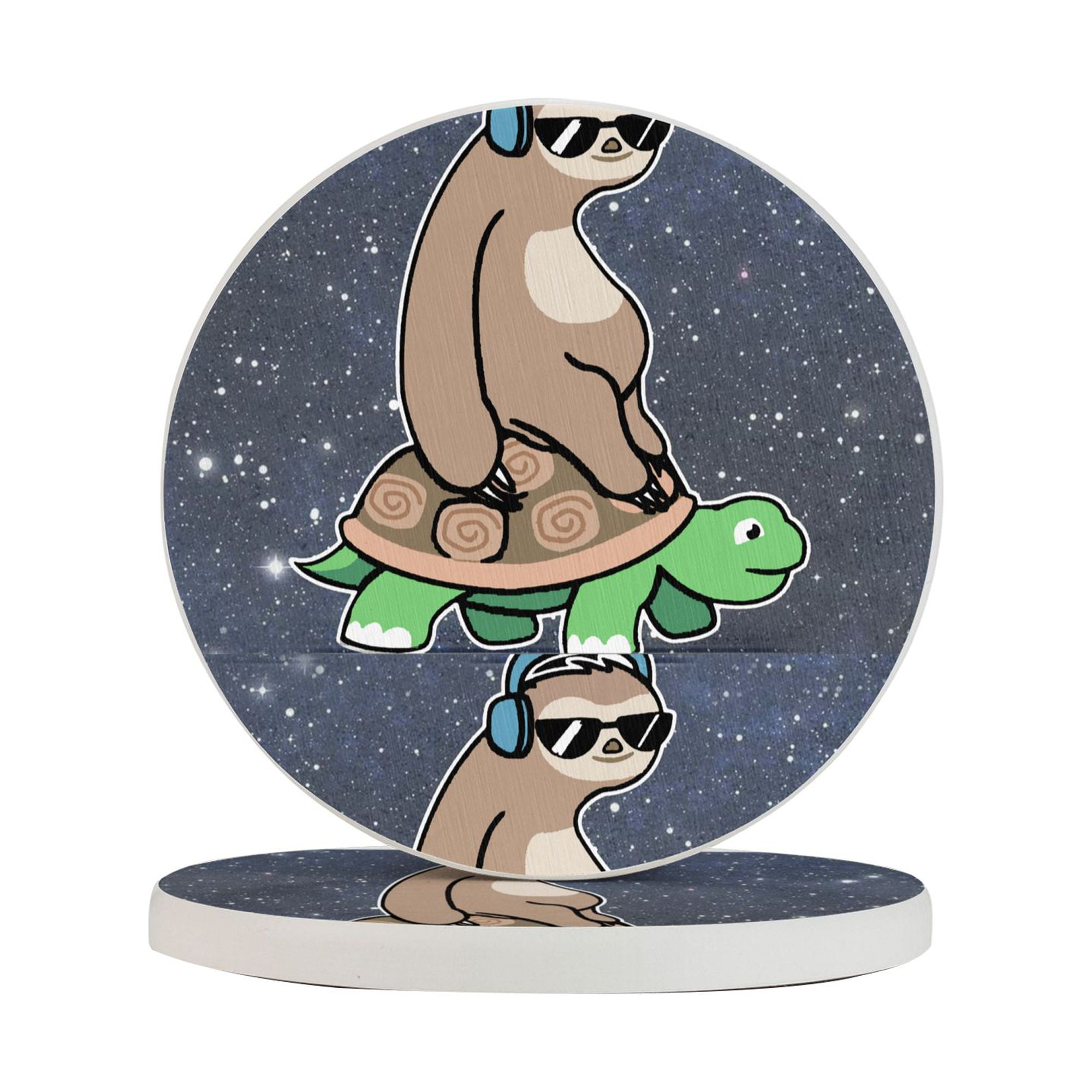 Circular Drink Coasters Set Sloth Ride Turtle Listen To Music Beautiful ...