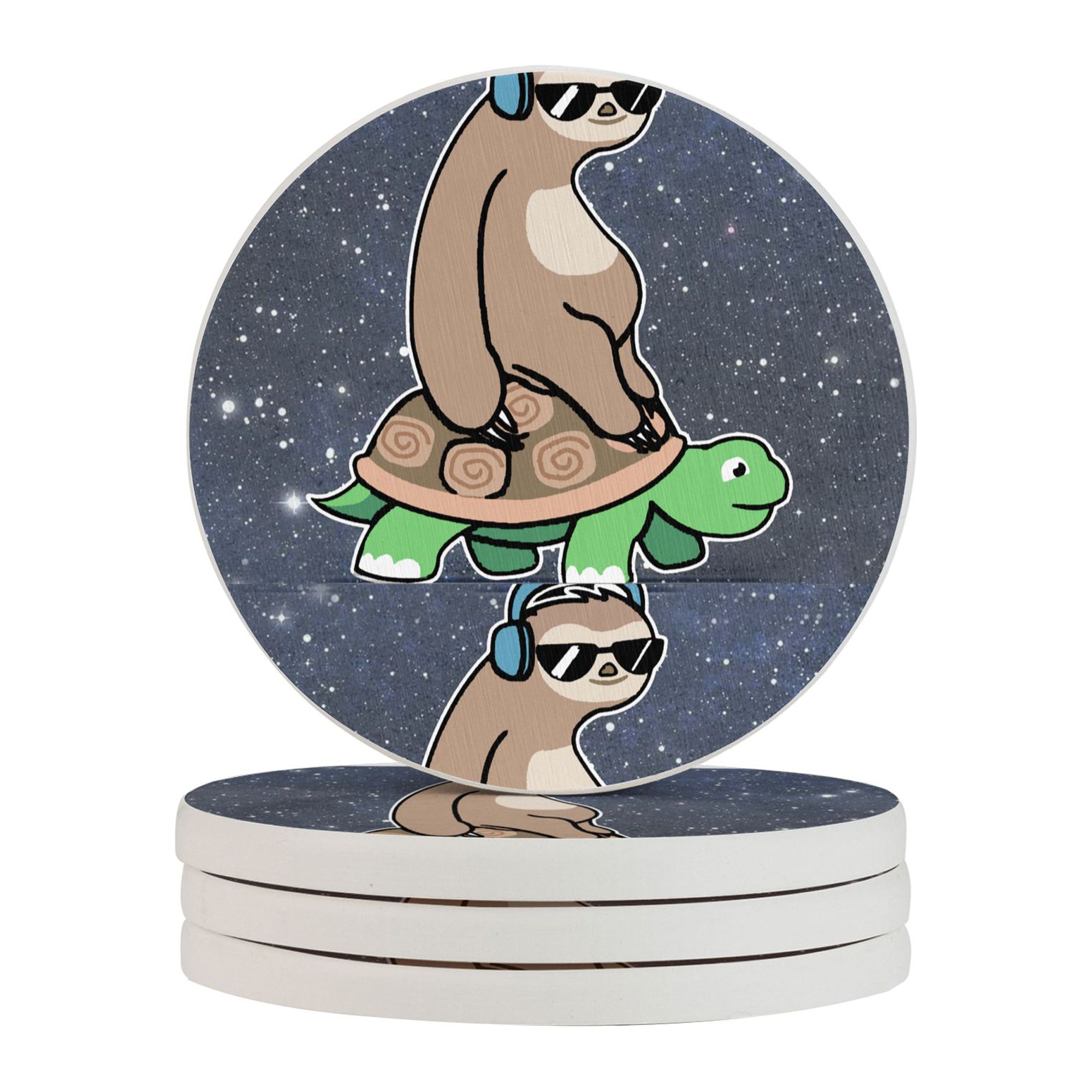 Circular Drink Coasters Set Sloth Ride Turtle Listen To Music Beautiful ...