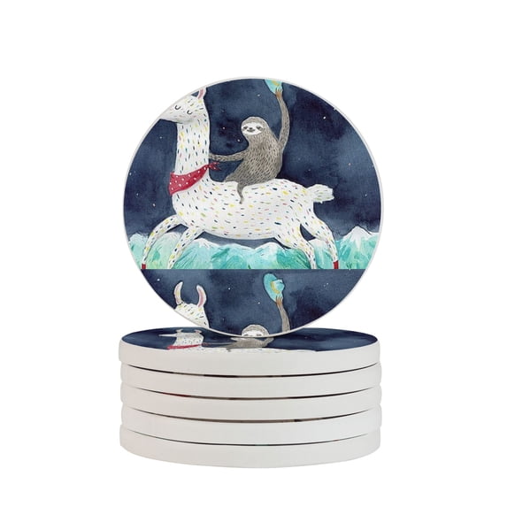 Circular Drink Coasters Set Sloth Riding Llama Beautiful Home Decor Diatomite Heat-Resistant Diatomite Protect Table Countertop