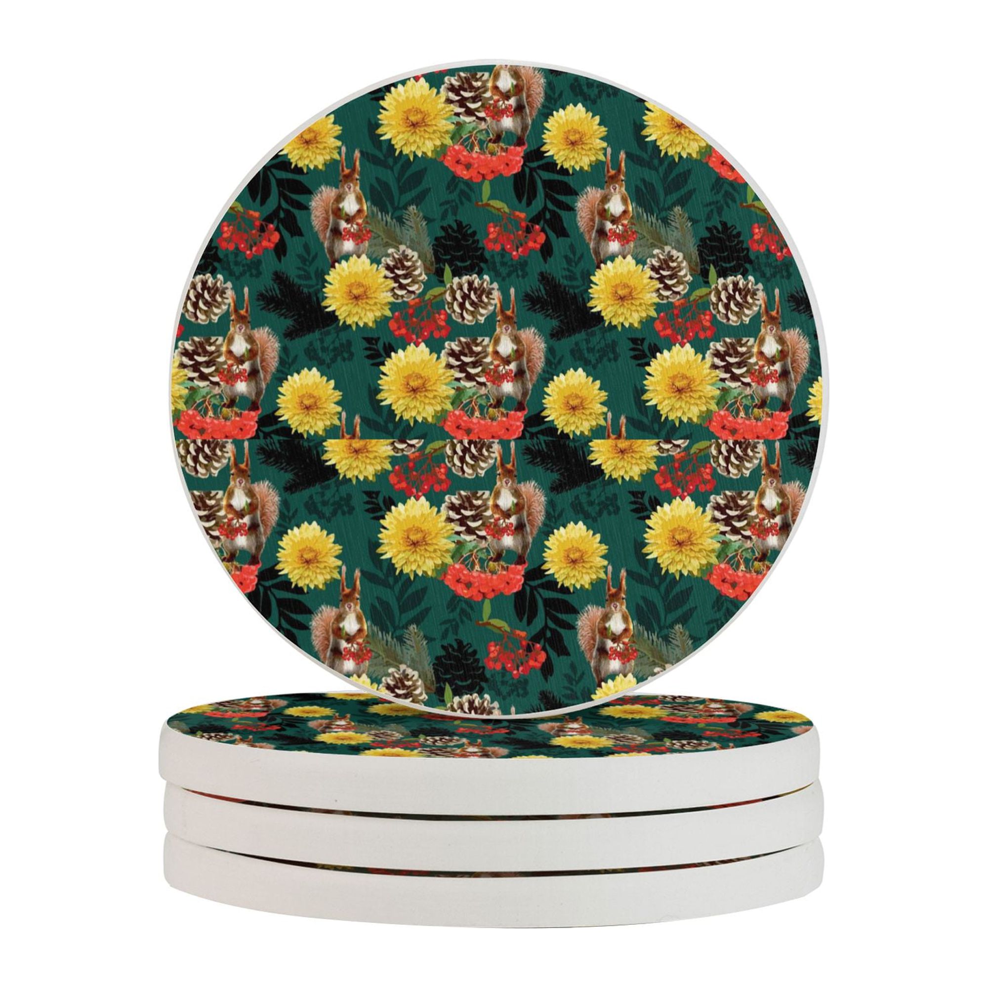 Circular Drink Coasters Set Squirrel Pine Cone Beautiful Home Decor ...