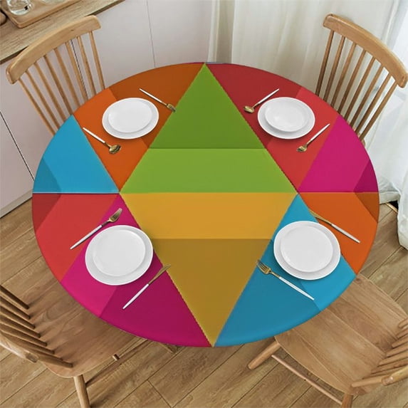 Circular Elastic Edge Fitting Tablecloth Geometric Retro Colors Art Round Outdoor Holiday Tablecloth for Birthday Decoration Geometric Decor Fits&nbsp;Round&nbsp;Tables Multi