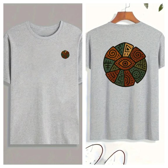 Circular Emblem Graphic Tee Patterned Brown Green Design Short Sleeve Round Neck Casual T-Shirt Gray S-3XL
