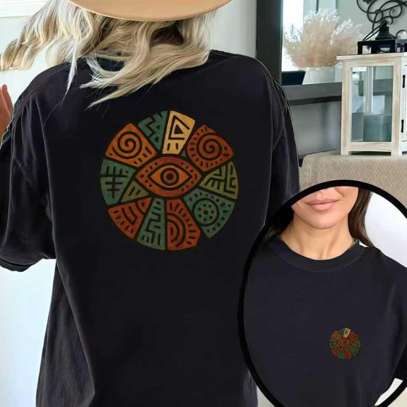 Circular Emblem Graphic Tee Patterned Brown Green Design Short Sleeve Round Neck Comfort T-Shirt Black S-5XL