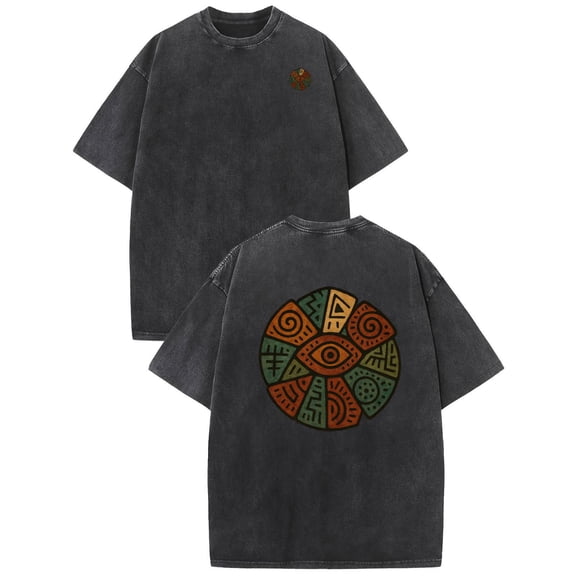 Circular Emblem Graphic Tee Patterned Brown Green Design Washed Vintage T-Shirt Top Black S-2XL Plus size