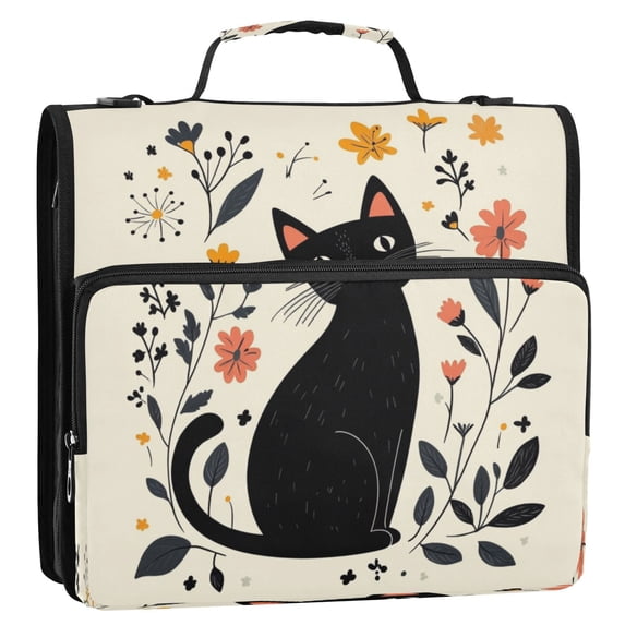 Circular Folder Package 13.6*3.5*12.4 Inches ,Binder Bag,Binder Organizer,Zipper Binder,3 Ring Binder ,Suitable for Work Cute Cartoon Black Cat
