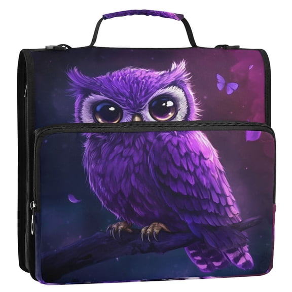 Circular Folder Package 13.6*3.5*12.4 Inches ,Binder BagBinder OrganizerZipper Binder3 Ring Binder ,Suitable for Work Cute Purple Cartoon Owl