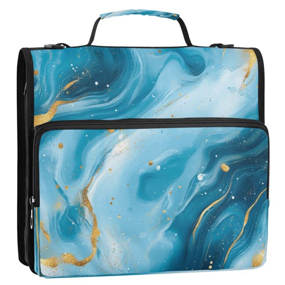 Circular Folder Package 13.6*3.5*12.4 Inches ,Binder BagBinder OrganizerZipper Binder3 Ring Binder ,Suitable for Work Pretty Blue Marble Pattern