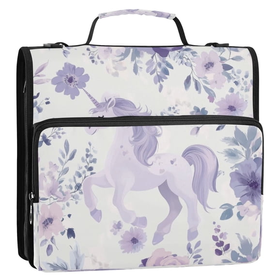 Circular Folder Package 13.6*3.5*12.4 Inches ,Binder Bag，Binder Organizer，Zipper Binder，3 Ring Binder ,Suitable for Work Super Cute Purple Unicorn