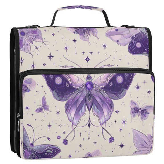 Circular Folder Package 13.6*3.5*12.4 Inches ,Binder Bag，Binder Organizer，Zipper Binder，3 Ring Binder ,Suitable for Work or School Teacup Beautiful Purple Butterflies