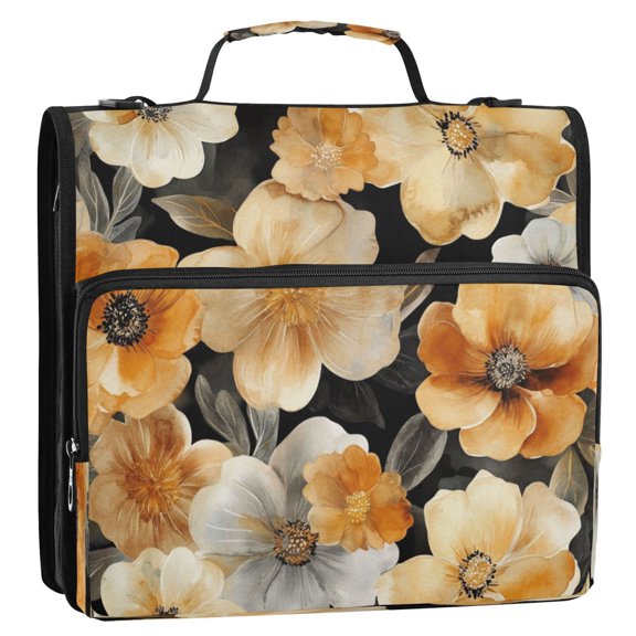 Circular Folder Package 13.6*3.5*12.4 Inches ,Binder Bag，Binder Organizer，Zipper Binder，3 Ring Binder ,Suitable for Work Cartoon Gold Flowers Seamless
