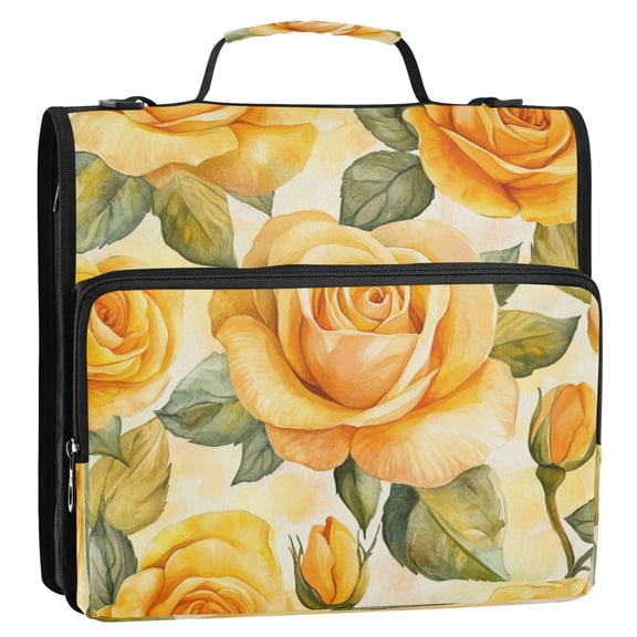 Circular Folder Package 13.6*3.5*12.4 Inches ,Binder Bag，Binder Organizer，Zipper Binder，3 Ring Binder ,Suitable for Work Cartoon Gold Roses Seamless