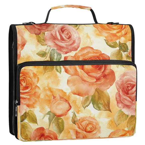 Circular Folder Package 13.6*3.5*12.4 Inches ,Binder Bag，Binder Organizer，Zipper Binder，3 Ring Binder ,Suitable for Work Cartoon Orange Roses Seamless
