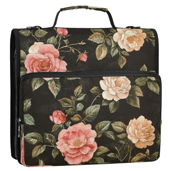 Circular Folder Package 13.6*3.5*12.4 Inches ,Binder Bag，Binder Organizer，Zipper Binder，3 Ring Binder ,Suitable for Work Cartoon Red Pretty Roses
