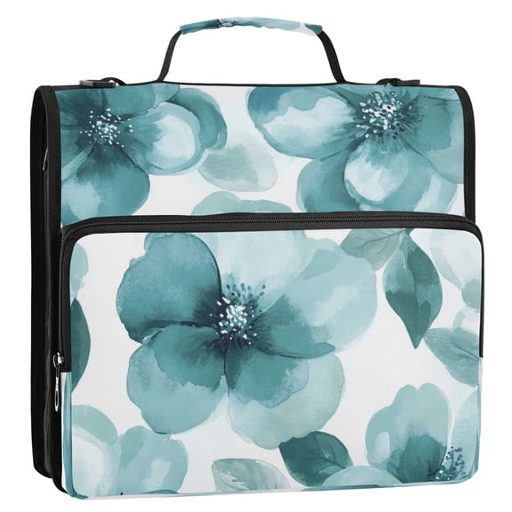 Circular Folder Package 13.6*3.5*12.4 Inches ,Binder Bag，Binder Organizer，Zipper Binder，3 Ring Binder ,Suitable for Work Cartoon Turquoise Flowers Seamless