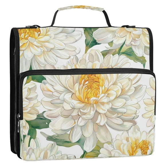 Circular Folder Package 13.6*3.5*12.4 Inches ,Binder Bag，Binder Organizer，Zipper Binder，3 Ring Binder ,Suitable for Work Chrysanthemums White