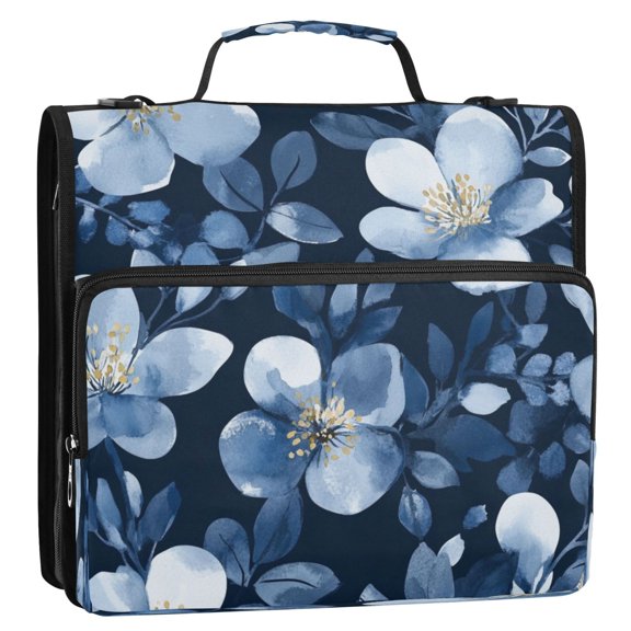 Circular Folder Package 13.6*3.5*12.4 Inches ,Binder Bag,Binder Organizer,Zipper Binder,3 Ring Binder ,Suitable for Work Dark Blue Flower
