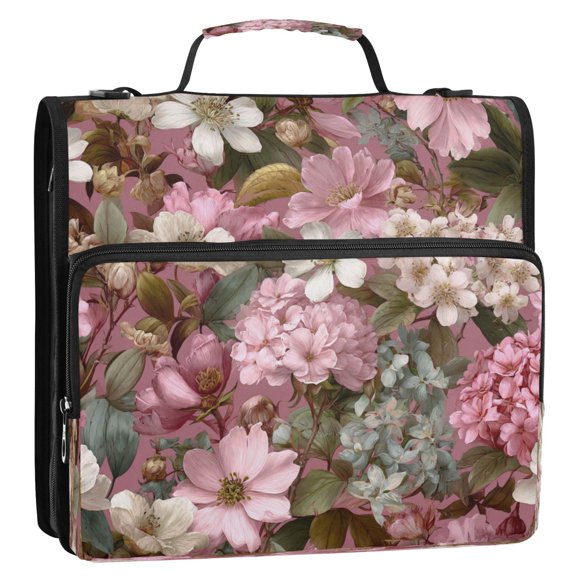 Circular Folder Package 13.6*3.5*12.4 Inches ,Binder Bag，Binder Organizer，Zipper Binder，3 Ring Binder ,Suitable for Work or School Teacup Floral Illustration