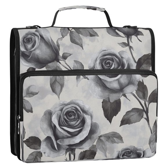 Circular Folder Package 13.6*3.5*12.4 Inches ,Binder Bag，Binder Organizer，Zipper Binder，3 Ring Binder ,Suitable for Work Gray Roses Seamless