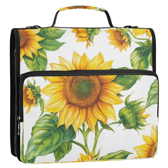 Circular Folder Package 13.6*3.5*12.4 Inches ,Binder Bag，Binder Organizer，Zipper Binder，3 Ring Binder ,Suitable for Work Large Yellow Sunflower