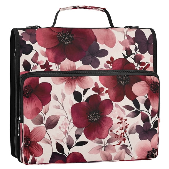Circular Folder Package 13.6*3.5*12.4 Inches ,Binder Bag，Binder Organizer，Zipper Binder，3 Ring Binder ,Suitable for Work Maroon Flowers