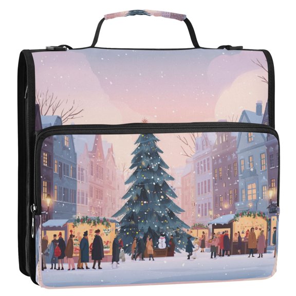 Circular Folder Package 13.6*3.5*12.4 Inches ,Binder Bag，Binder Organizer，Zipper Binder，3 Ring Binder ,Suitable for Work Teacup Beautiful Christmas Street